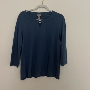 Chico's Blue Blouse with Three-Quarter Sleeves and Keyhole Detail